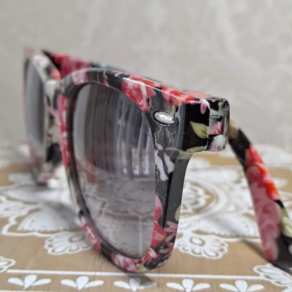 Floral Sunglasses Pink Roses on Black Background, Tinted Lenses